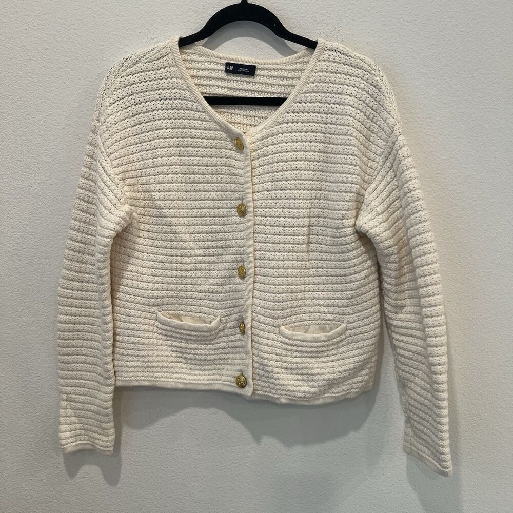 Gap Textured Sweater Jacket Color Ivory Frost Size Medium Preppy Academia